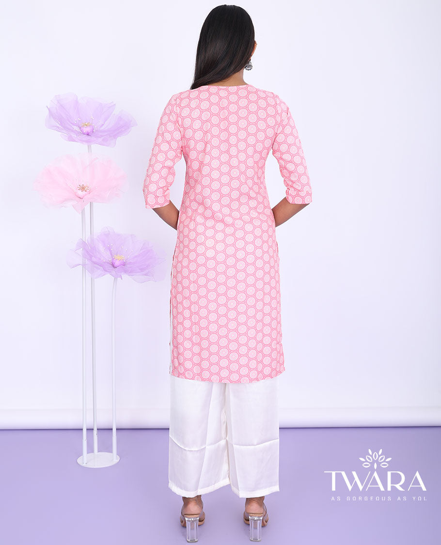 Twara blue chakram motifs printed with round neck 3/4th sleeve rayon straight-cut knee-length kurti