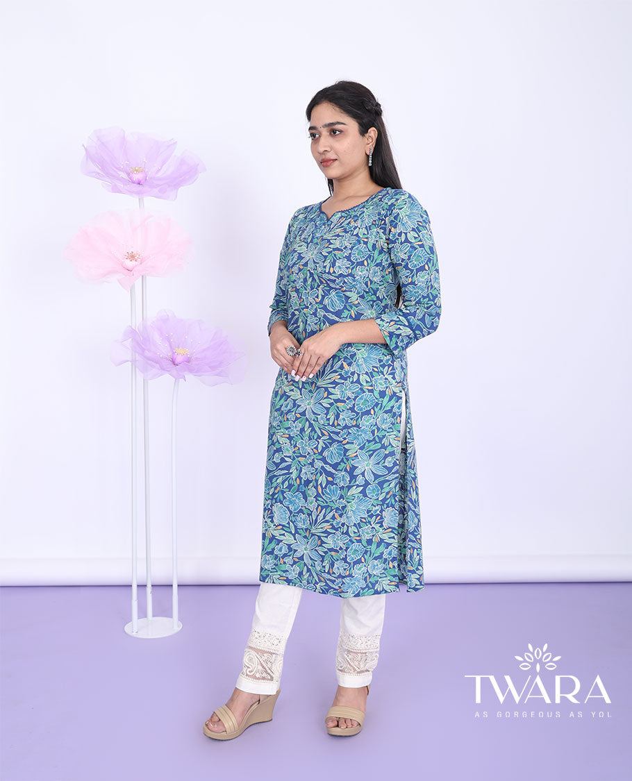 Twara blue floral vine printed with round neck 3/4th sleeve cotton straight-cut below-knee kurti