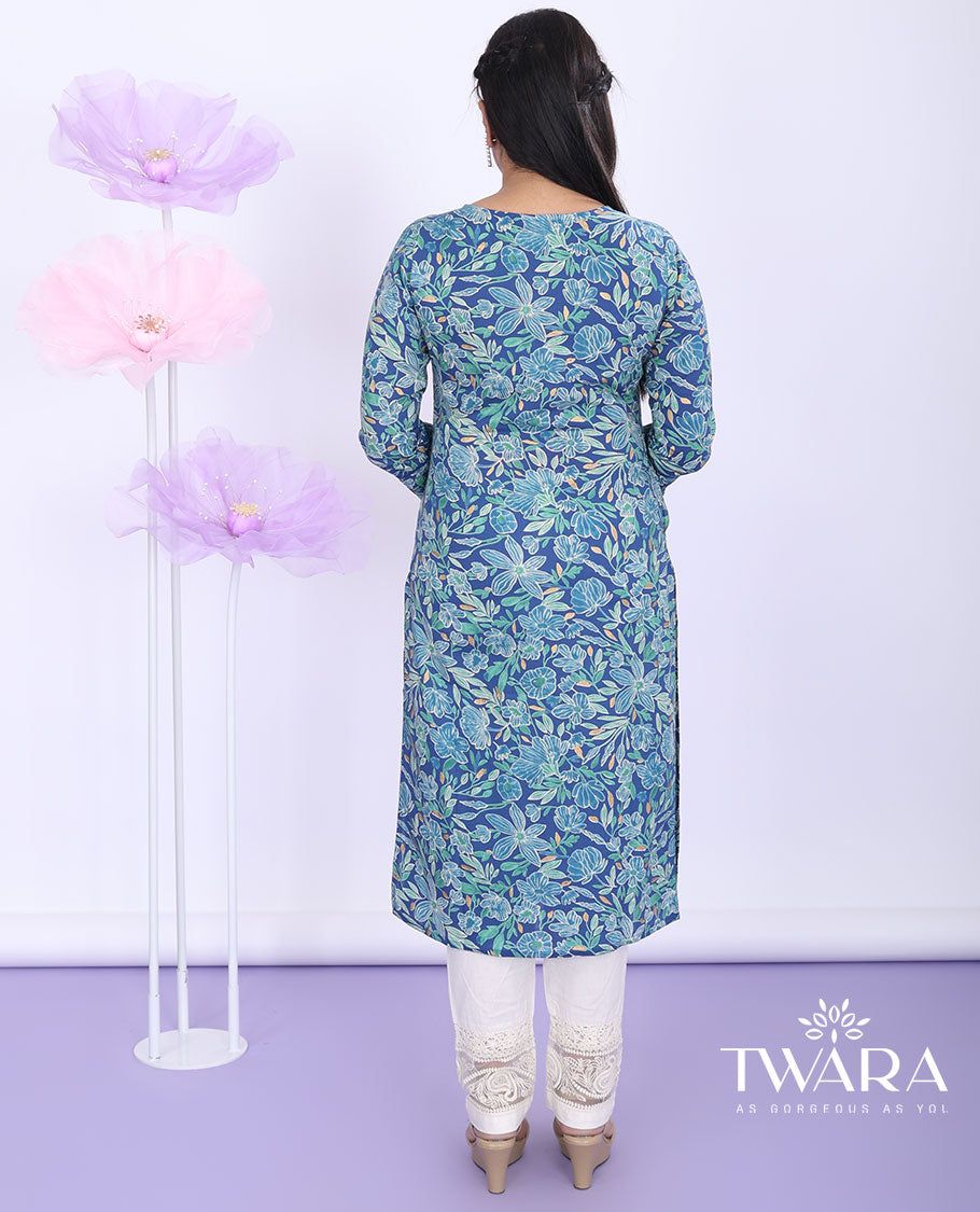 Twara blue floral vine printed with round neck 3/4th sleeve cotton straight-cut below-knee kurti