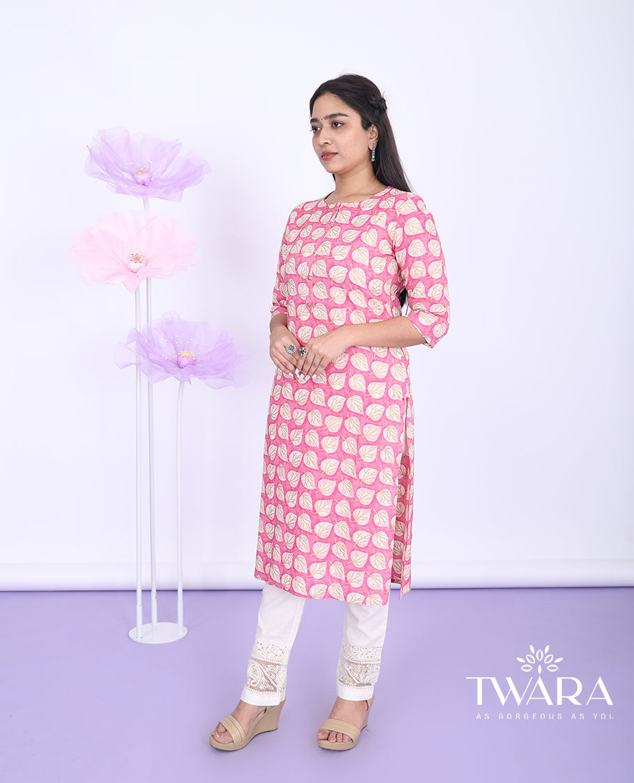 Twara pink leaf motifs printed boat-neck 3/4th sleeve cotton straight-cut below-knee kurti