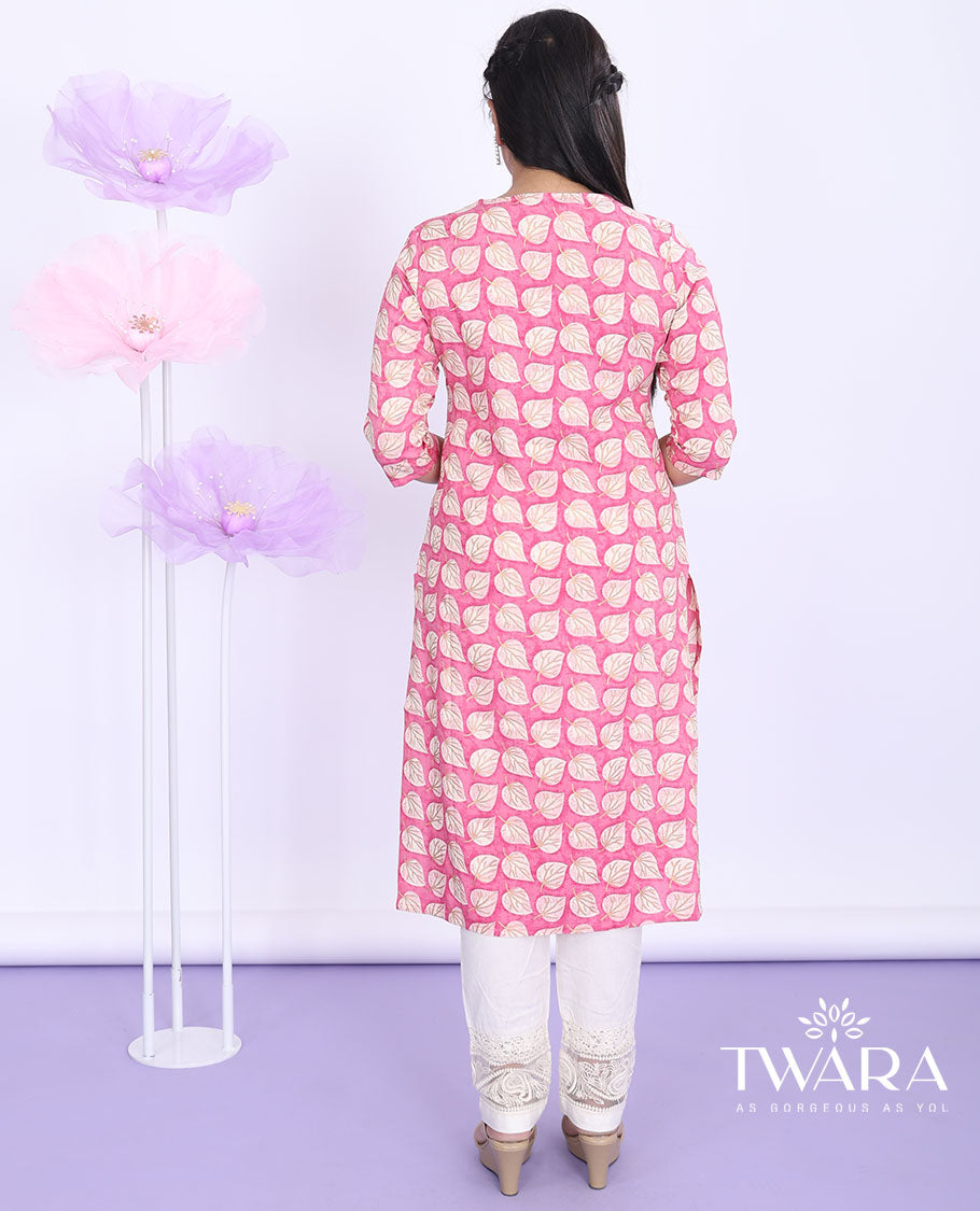 Twara pink leaf motifs printed boat-neck 3/4th sleeve cotton straight-cut below-knee kurti
