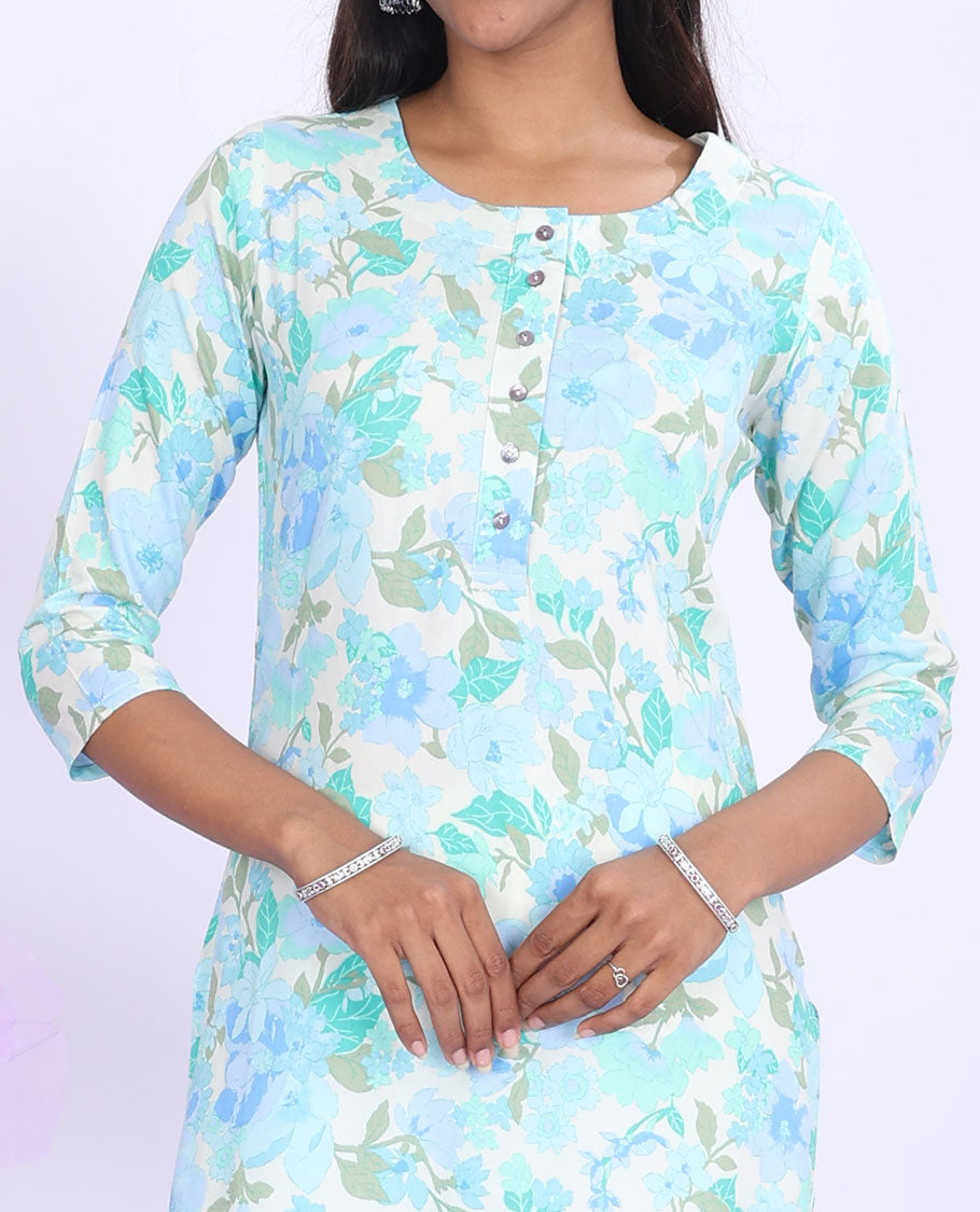 Twara multi-color floral vine printed round-neck 3/4th sleeve rayon straight-cut below-knee kurti