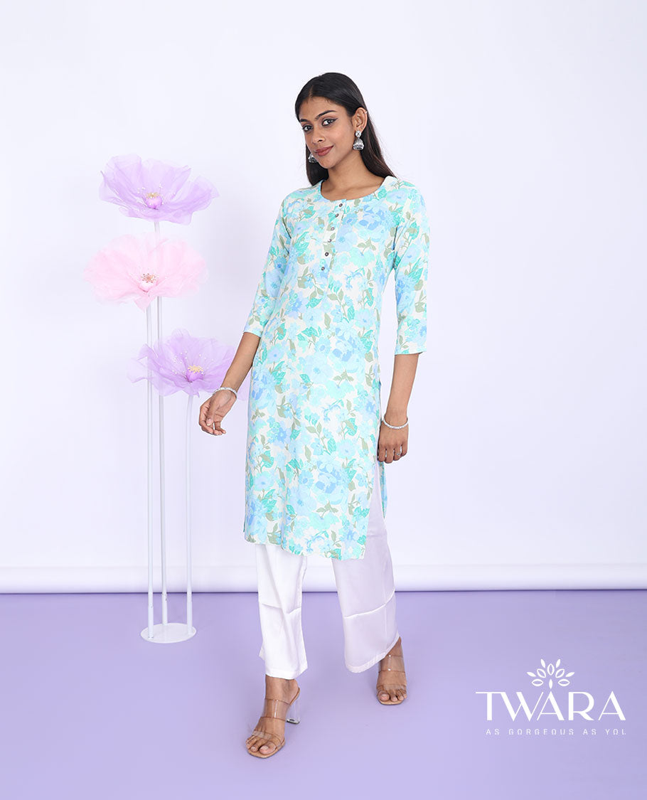 Twara multi-color floral vine printed round-neck 3/4th sleeve rayon straight-cut below-knee kurti
