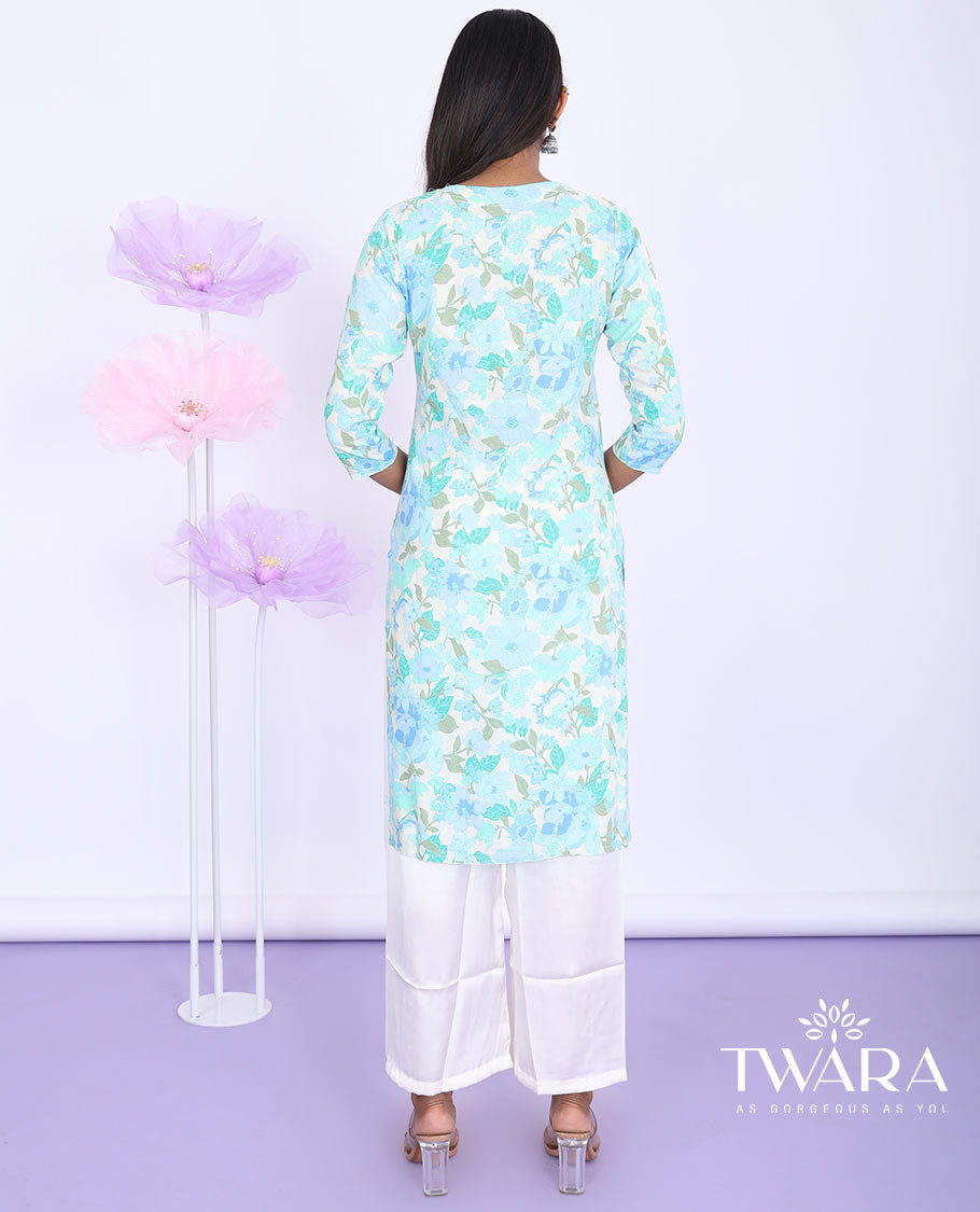 Twara multi-color floral vine printed round-neck 3/4th sleeve rayon straight-cut below-knee kurti