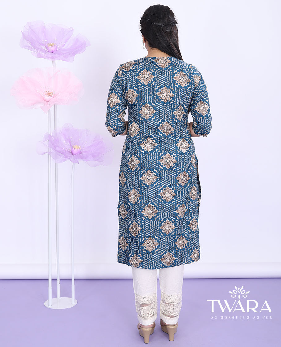 Twara blue intricately printed boat-neck 3/4th sleeve rayon straight-cut below-knee kurti