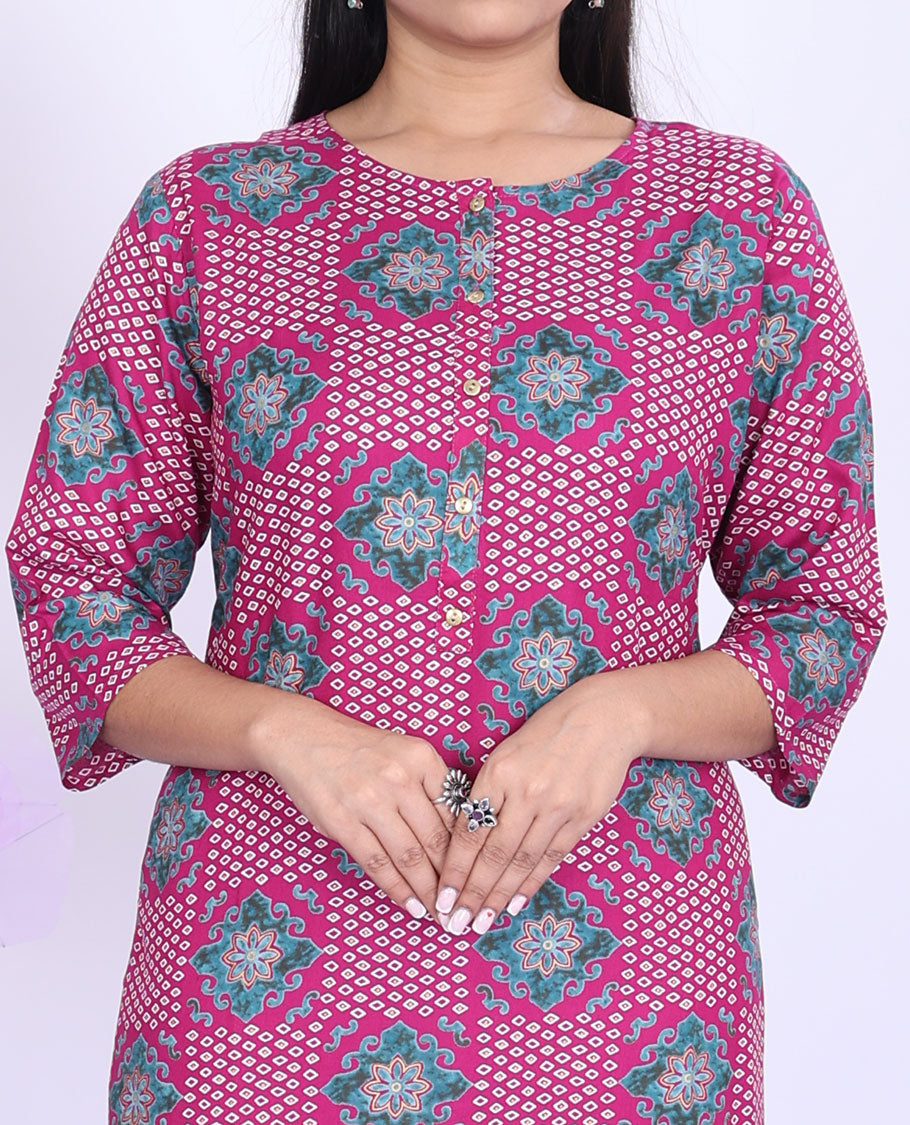 Twara pink intricately printed boat-neck 3/4th sleeve rayon straight-cut below-knee kurti