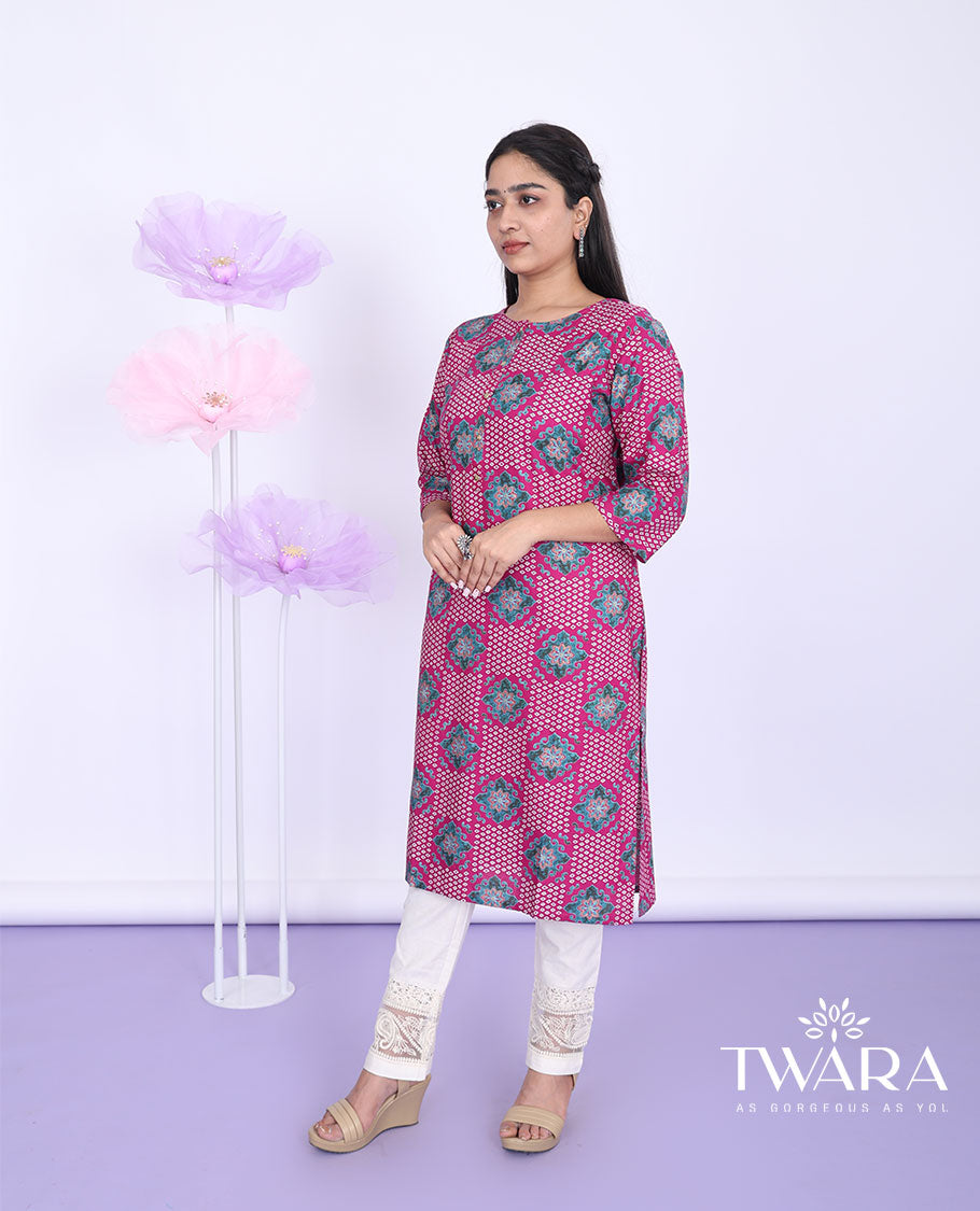 Twara pink intricately printed boat-neck 3/4th sleeve rayon straight-cut below-knee kurti