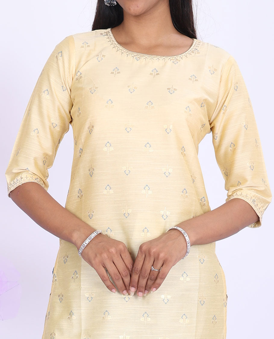 Twara sandal unique buttas round-neck 3/4th sleeve silk cotton straight-cut knee-length kurti