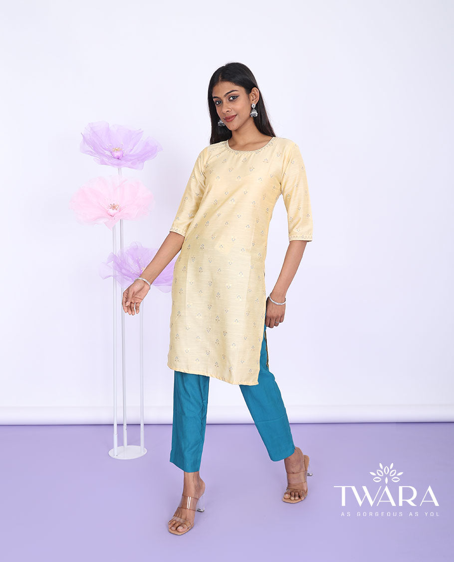 Twara sandal unique buttas round-neck 3/4th sleeve silk cotton straight-cut knee-length kurti