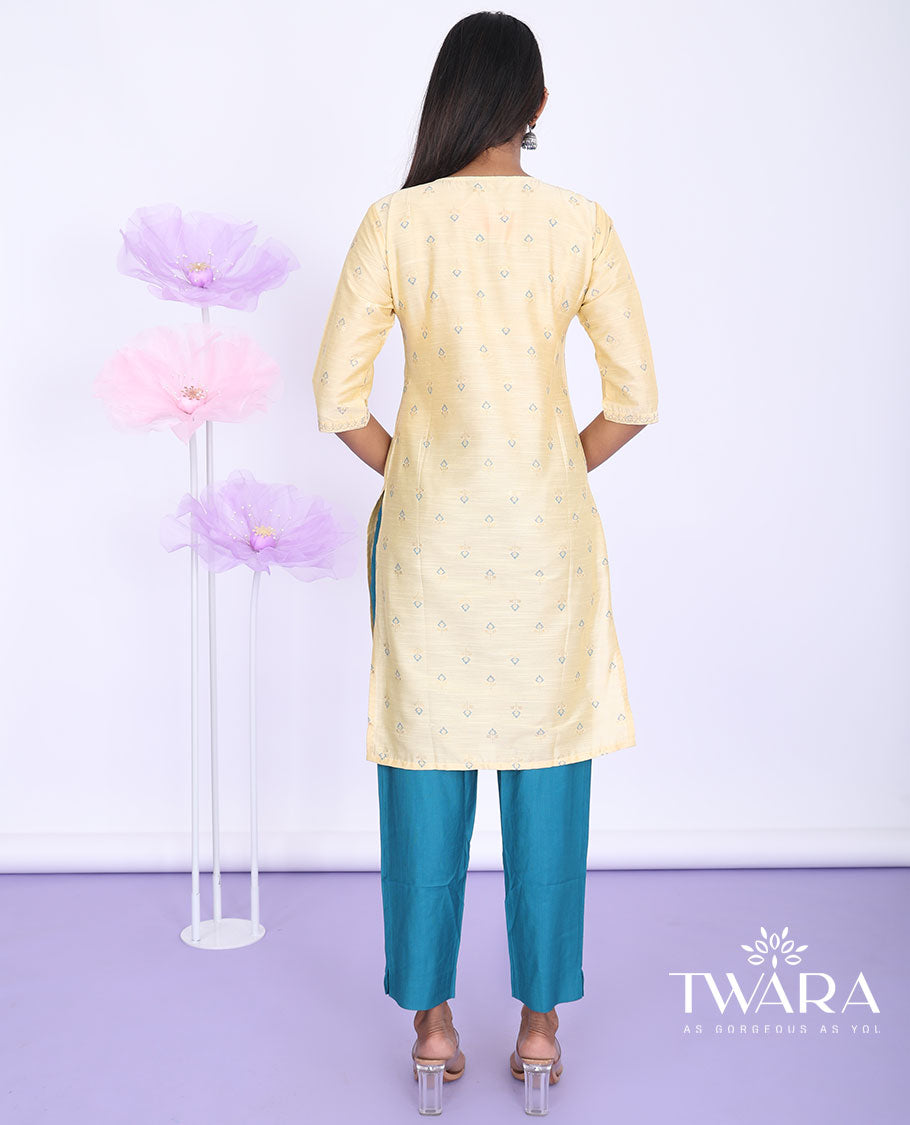 Twara sandal unique buttas round-neck 3/4th sleeve silk cotton straight-cut knee-length kurti
