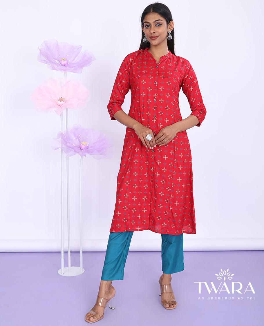 Twara red unique motifs printed Chinese collar 3/4th sleeve rayon a-line below-knee kurti
