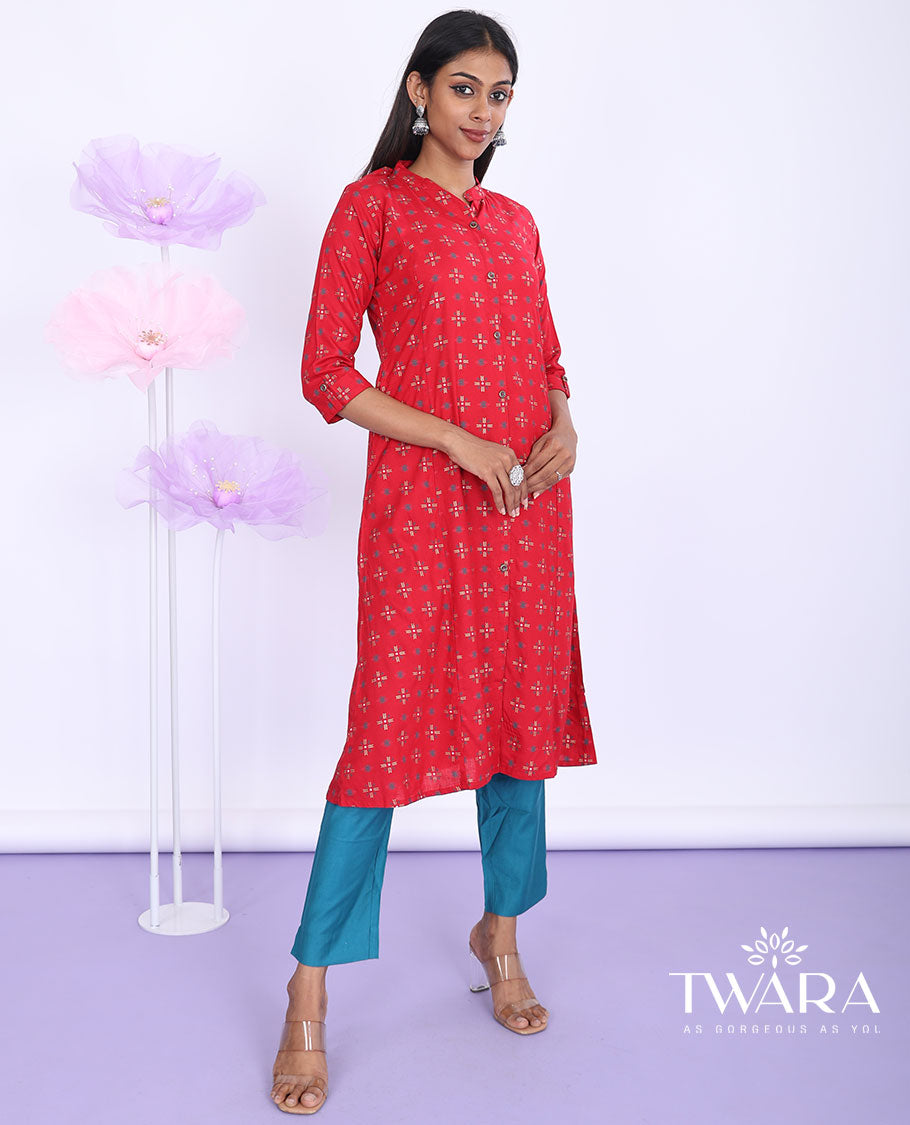 Twara red unique motifs printed Chinese collar 3/4th sleeve rayon a-line below-knee kurti