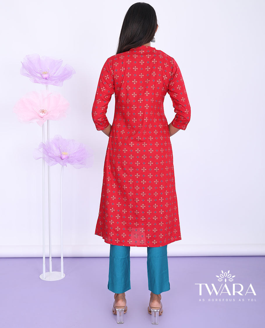 Twara red unique motifs printed Chinese collar 3/4th sleeve rayon a-line below-knee kurti