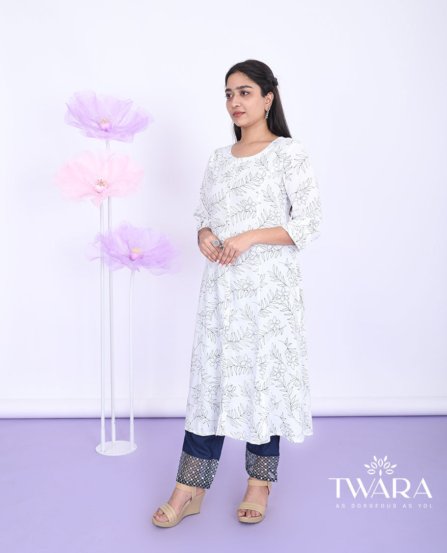 Twara white floral vine printed round neck 3/4th sleeve rayon a-line below-knee kurti