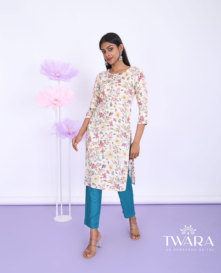 Twara multi-color floral vine printed round neck 3/4th sleeve rayon straight-cut knee-length kurti