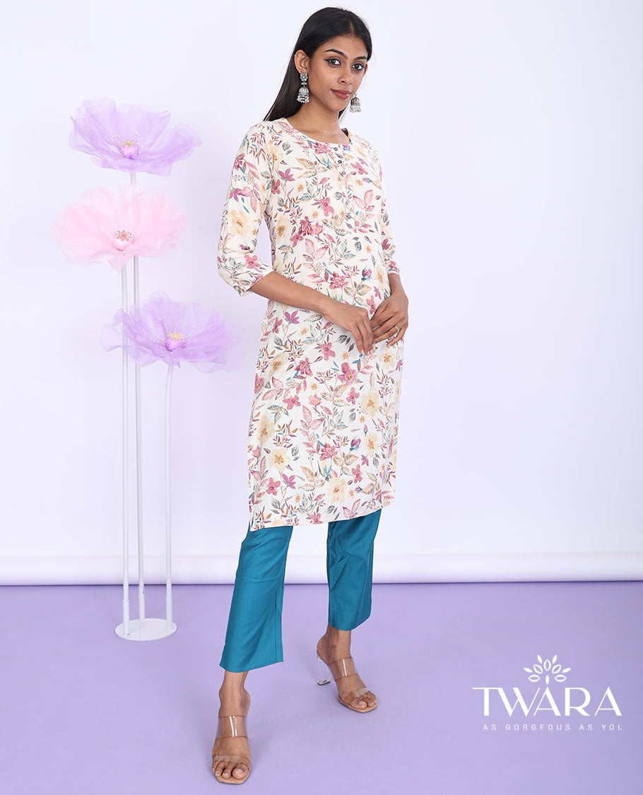 Twara multi-color floral vine printed round neck 3/4th sleeve rayon straight-cut knee-length kurti