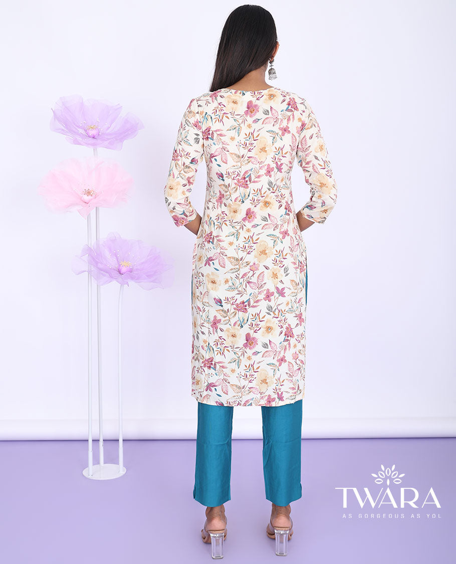 Twara multi-color floral vine printed round neck 3/4th sleeve rayon straight-cut knee-length kurti