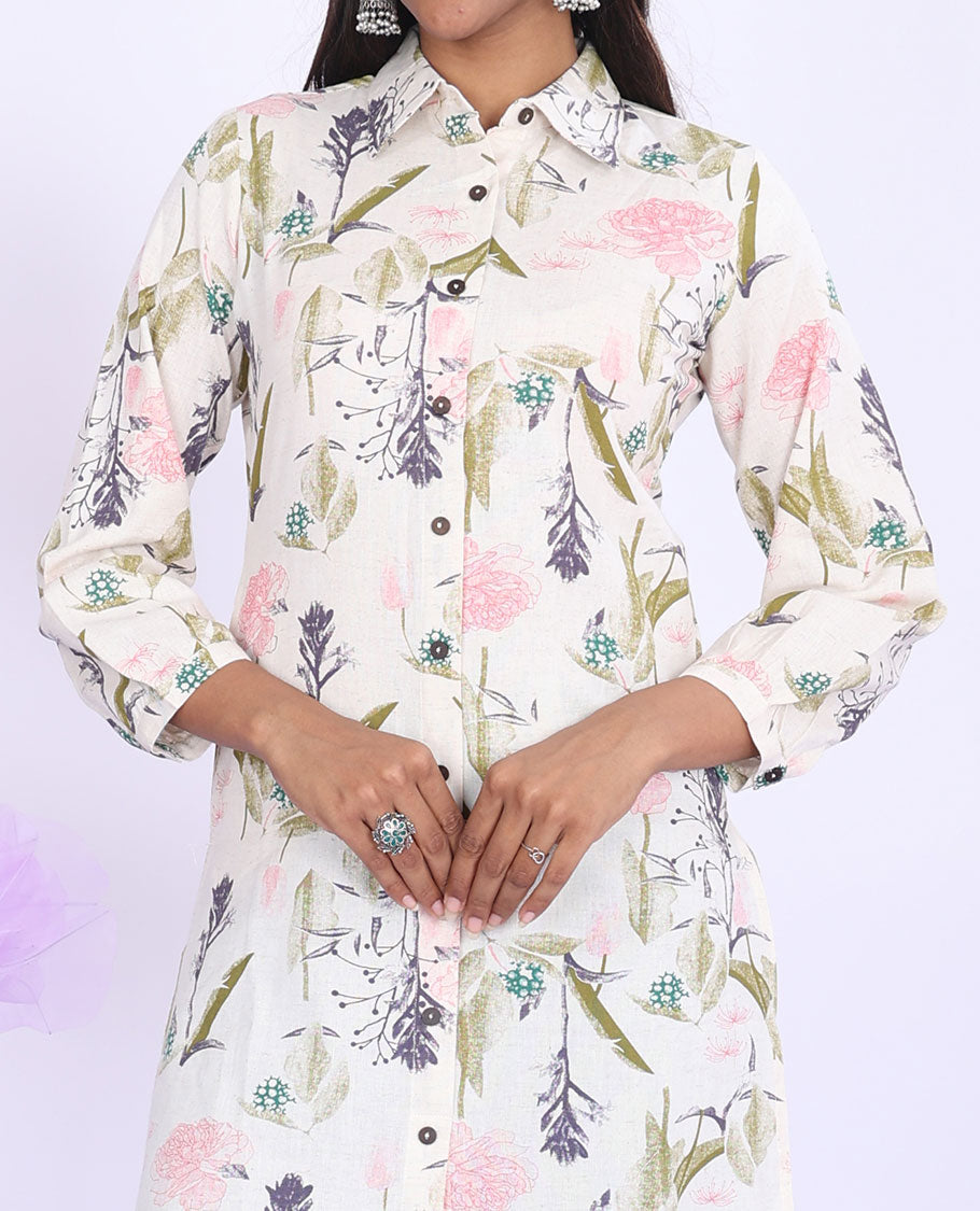 Twara multi-color floral & leaf printed regular collar with 3/4th sleeve cotton straight-cut knee-length kurti