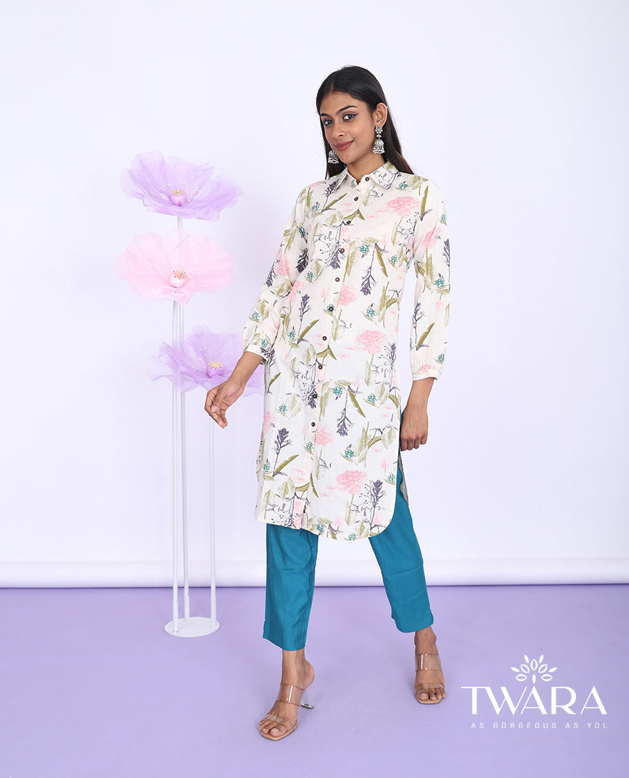 Twara multi-color floral & leaf printed regular collar with 3/4th sleeve cotton straight-cut knee-length kurti