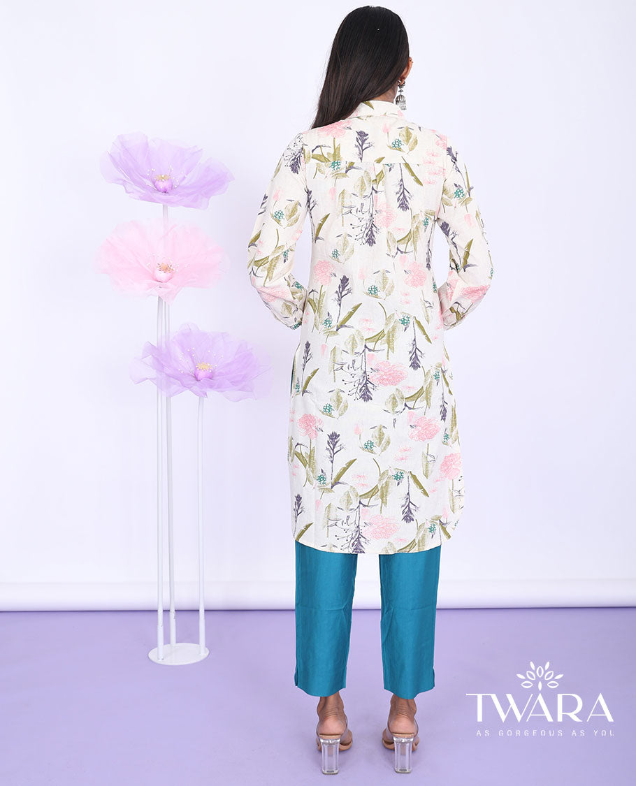 Twara multi-color floral & leaf printed regular collar with 3/4th sleeve cotton straight-cut knee-length kurti