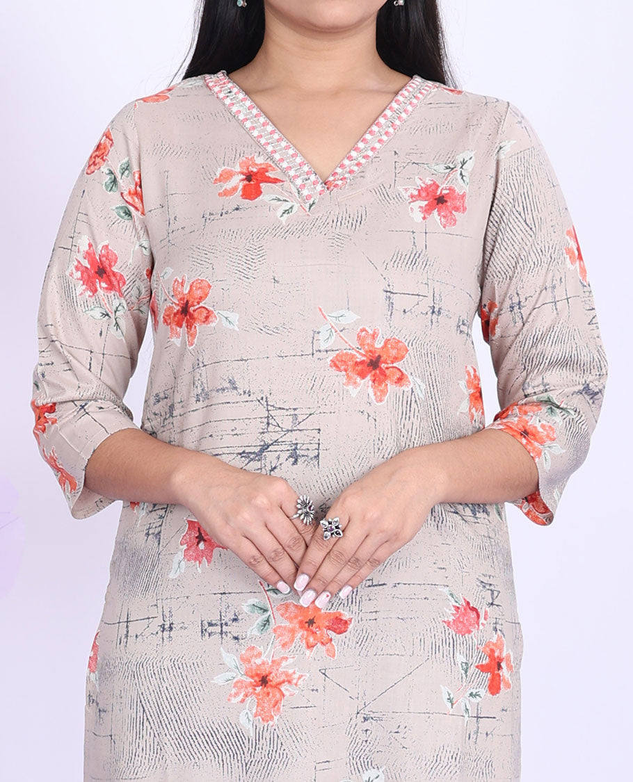 Twara pastel brown floral printed V-neck with 3/4th sleeve cotton straight-cut below-knee kurti
