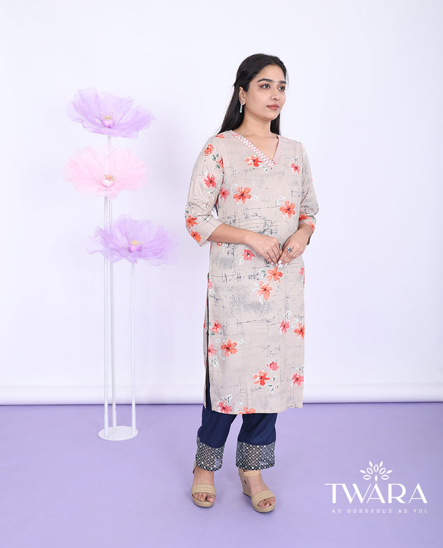 Twara pastel brown floral printed V-neck with 3/4th sleeve cotton straight-cut below-knee kurti