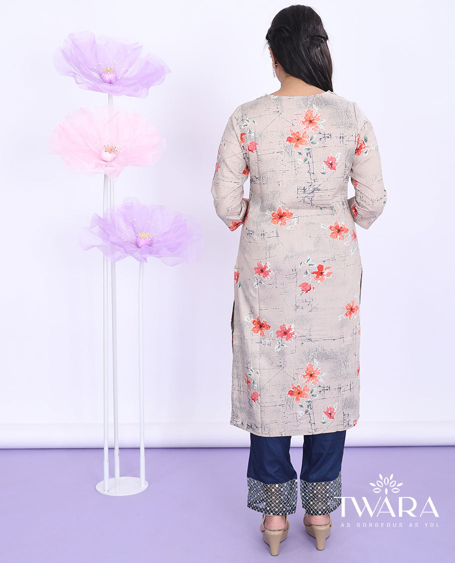 Twara pastel brown floral printed V-neck with 3/4th sleeve cotton straight-cut below-knee kurti
