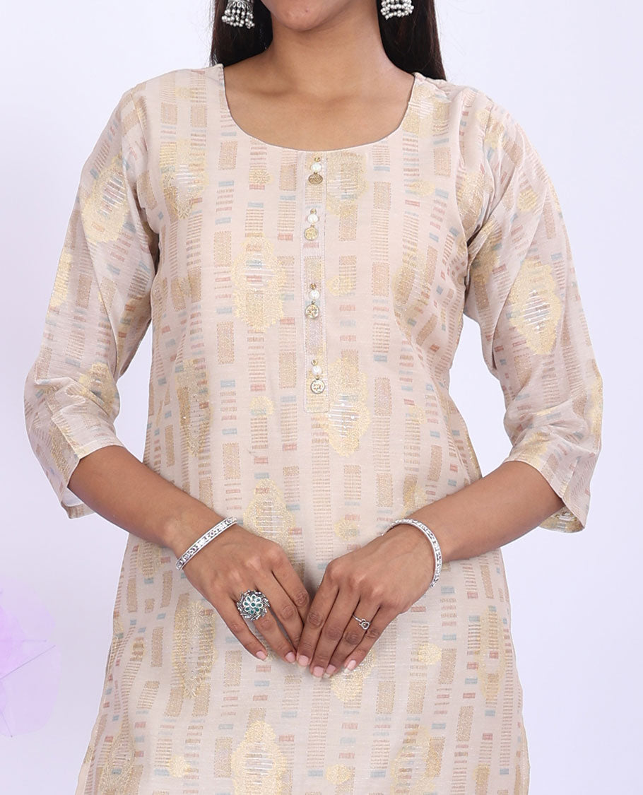 Twara pastel brown uniquely designed round-neck with 3/4th sleeve tissue straight-cut below-knee kurti