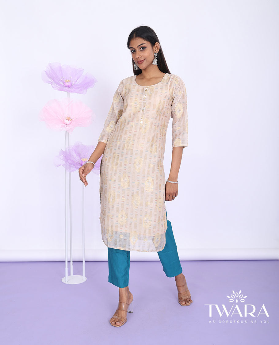 Twara pastel brown uniquely designed round-neck with 3/4th sleeve tissue straight-cut below-knee kurti