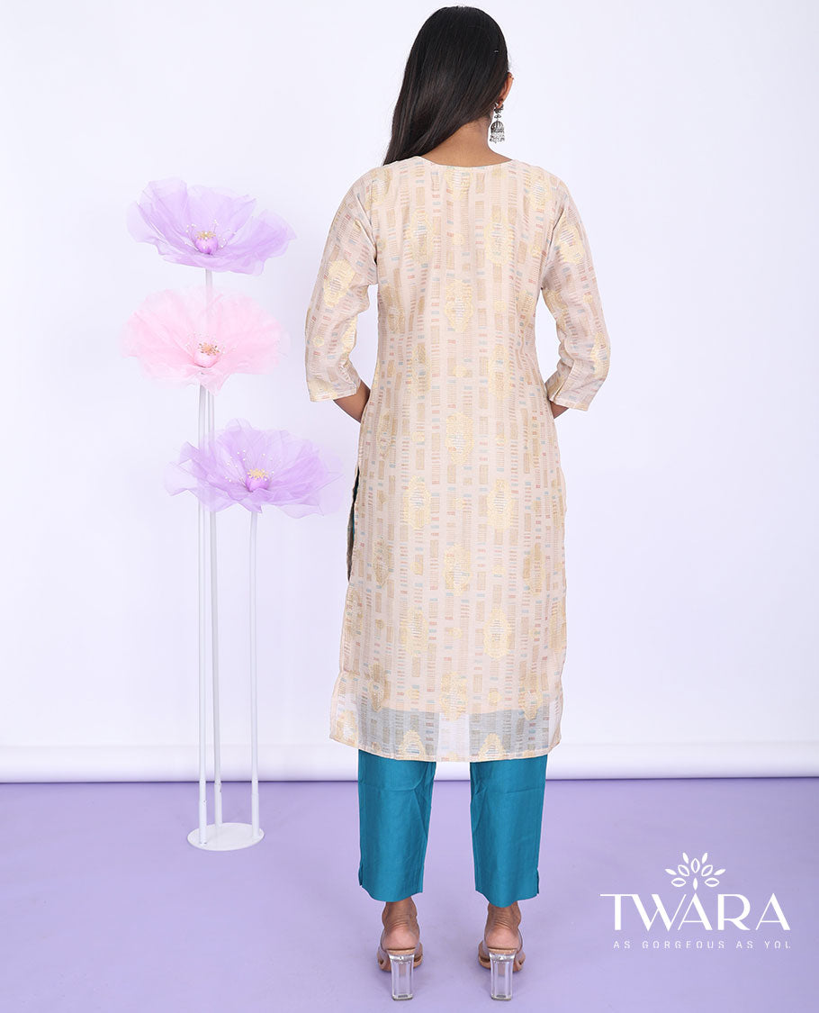 Twara pastel brown uniquely designed round-neck with 3/4th sleeve tissue straight-cut below-knee kurti