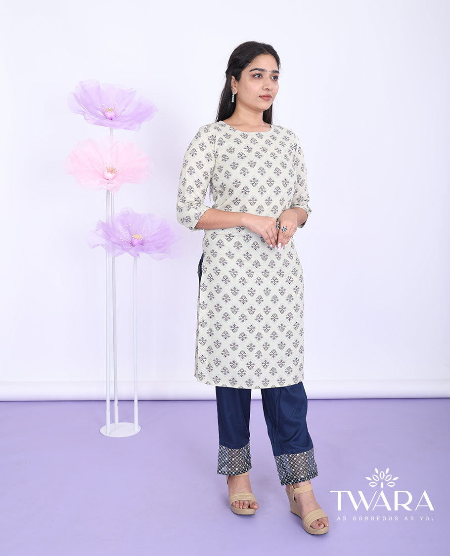 Twara beige unique motifs round-neck with 3/4th sleeve cotton straight-cut below-knee kurti
