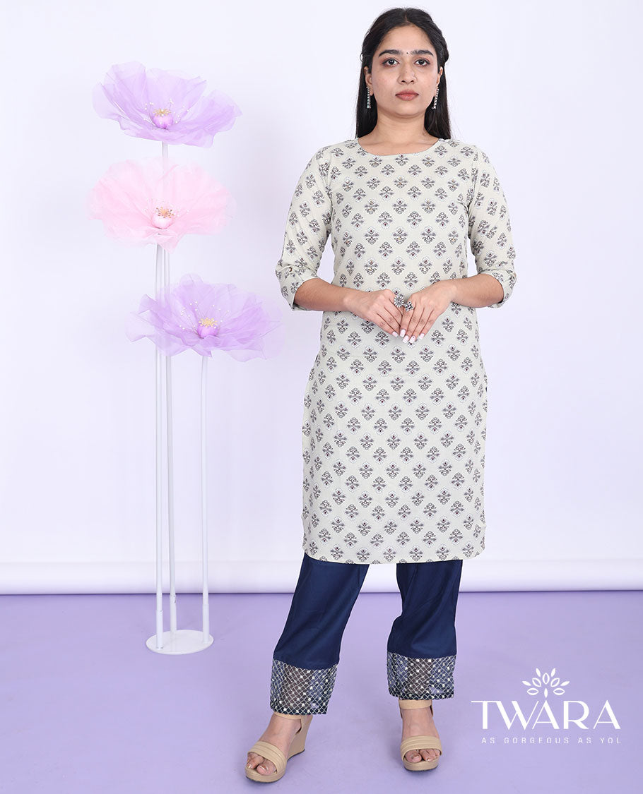 Twara beige unique motifs round-neck with 3/4th sleeve cotton straight-cut below-knee kurti