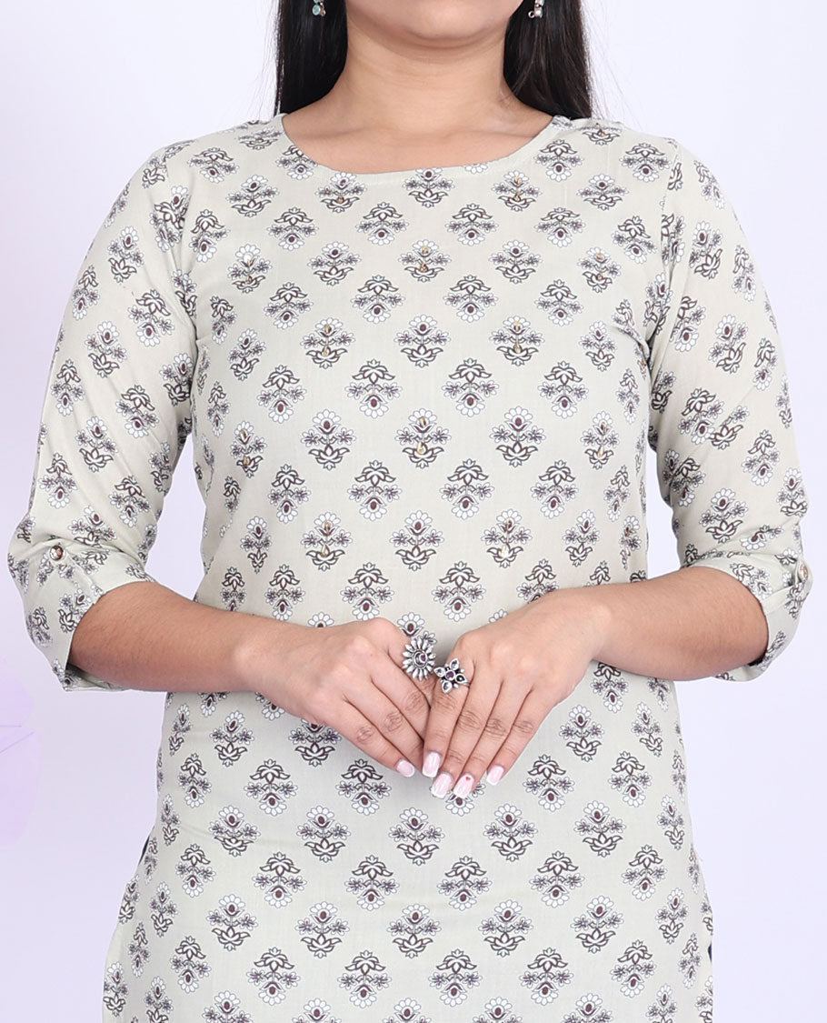 Twara beige unique motifs round-neck with 3/4th sleeve cotton straight-cut below-knee kurti