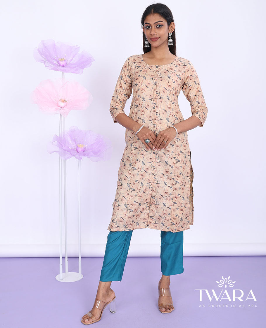 Twara peach floral vine printed round-neck with 3/4th sleeve cotton straight-cut below-knee kurti