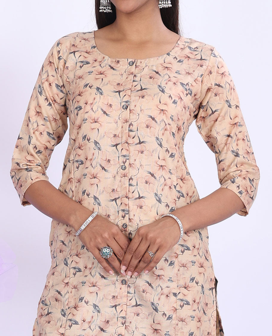 Twara peach floral vine printed round-neck with 3/4th sleeve cotton straight-cut below-knee kurti