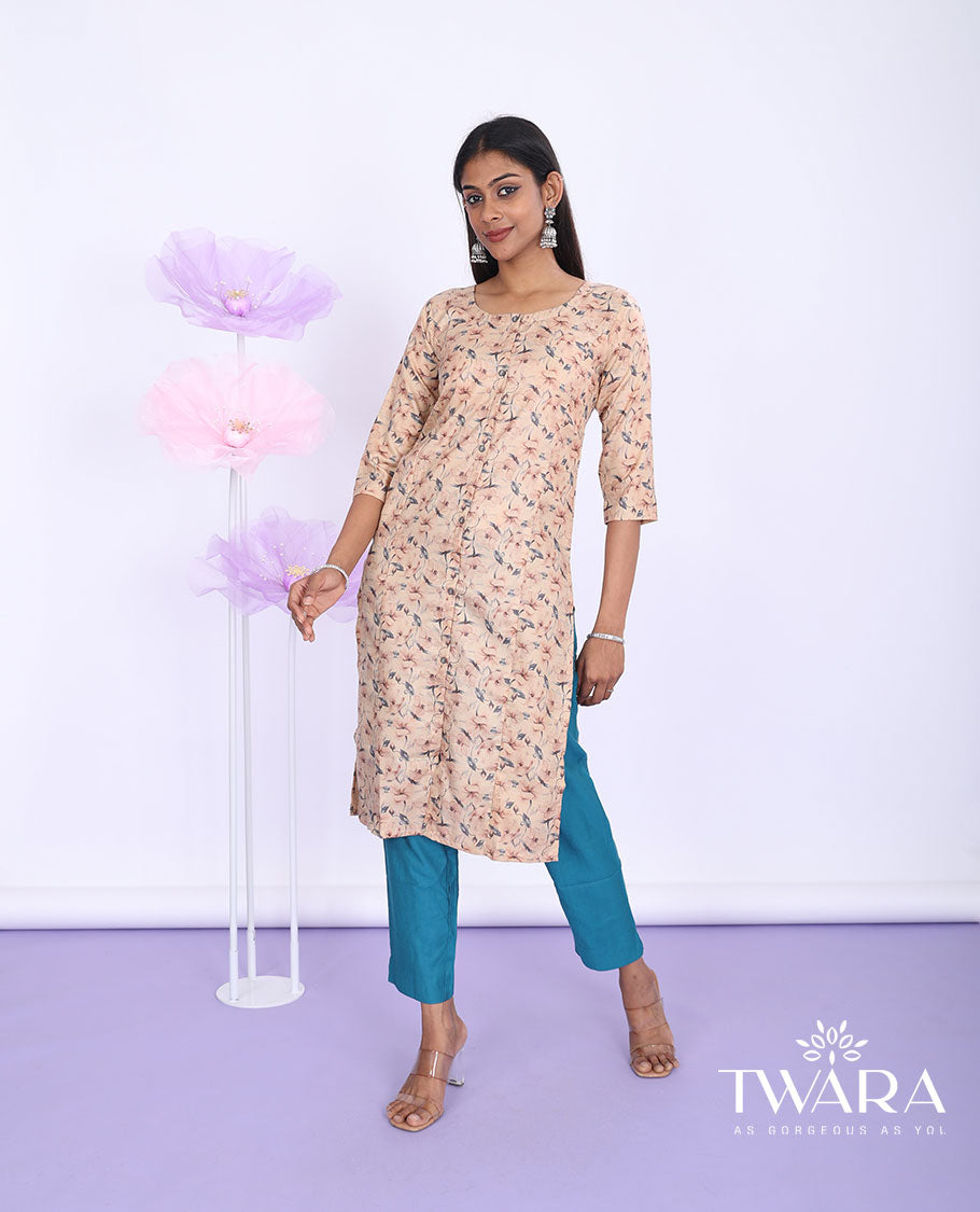 Twara peach floral vine printed round-neck with 3/4th sleeve cotton straight-cut below-knee kurti