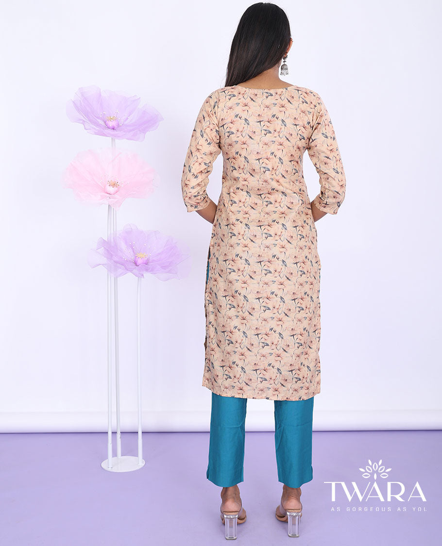 Twara peach floral vine printed round-neck with 3/4th sleeve cotton straight-cut below-knee kurti
