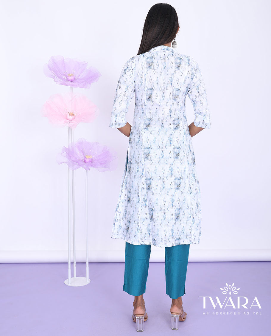 Twara blue unique motifs printed Chinese collar with 3/4th sleeve cotton straight-cut below-knee kurti