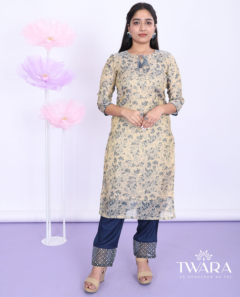 Twara gold floral vine printed round neck with 3/4th sleeve tissue straight-cut below-knee kurti