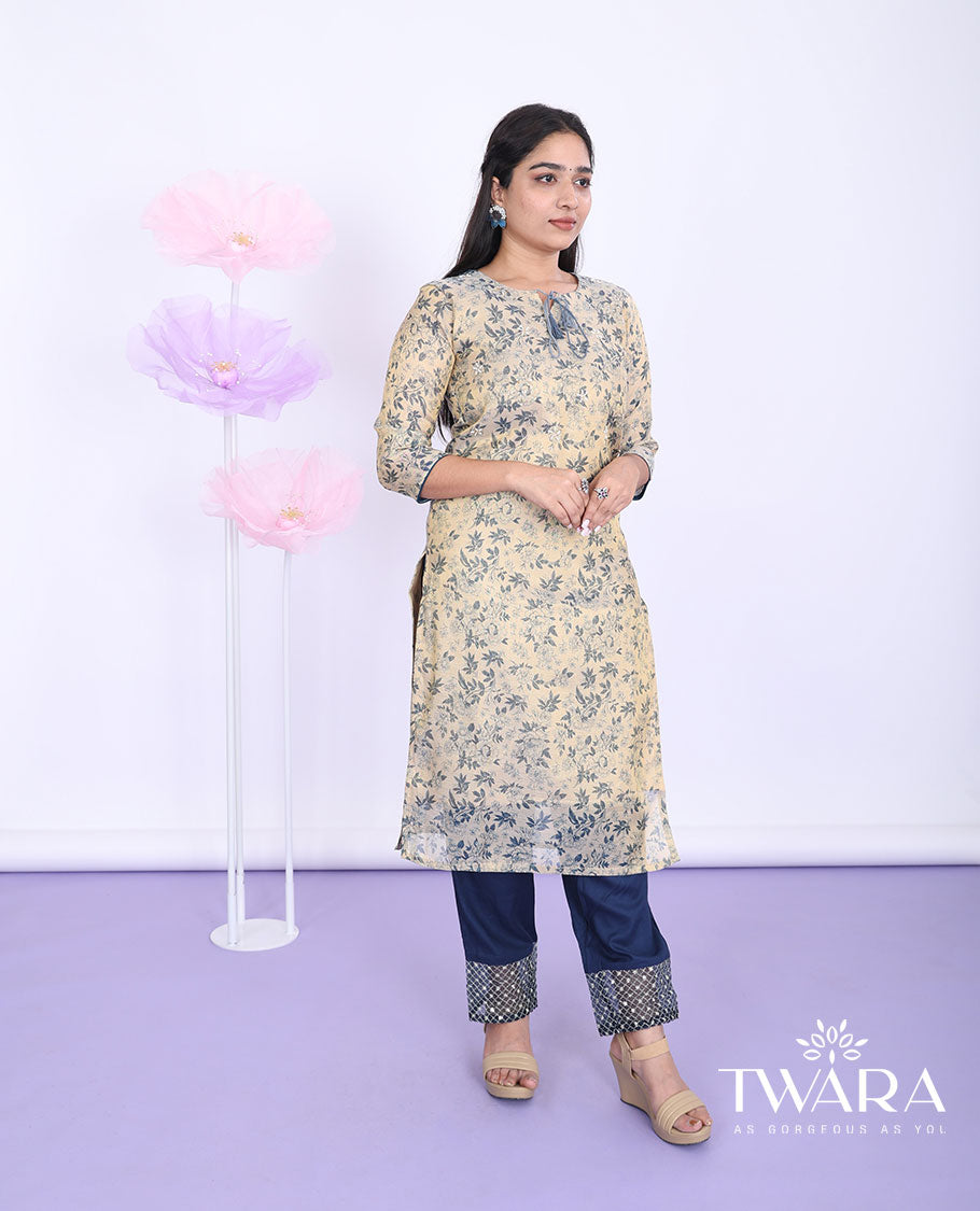 Twara gold floral vine printed round neck with 3/4th sleeve tissue straight-cut below-knee kurti
