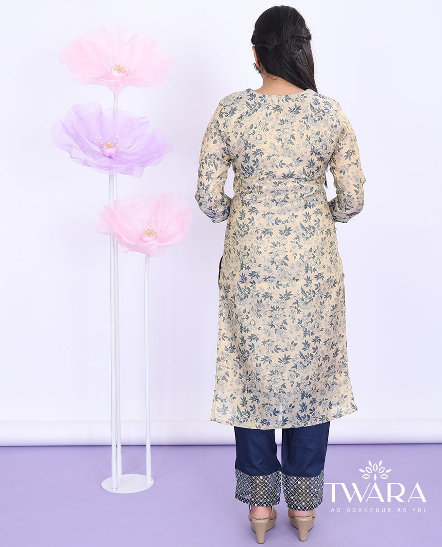 Twara gold floral vine printed round neck with 3/4th sleeve tissue straight-cut below-knee kurti