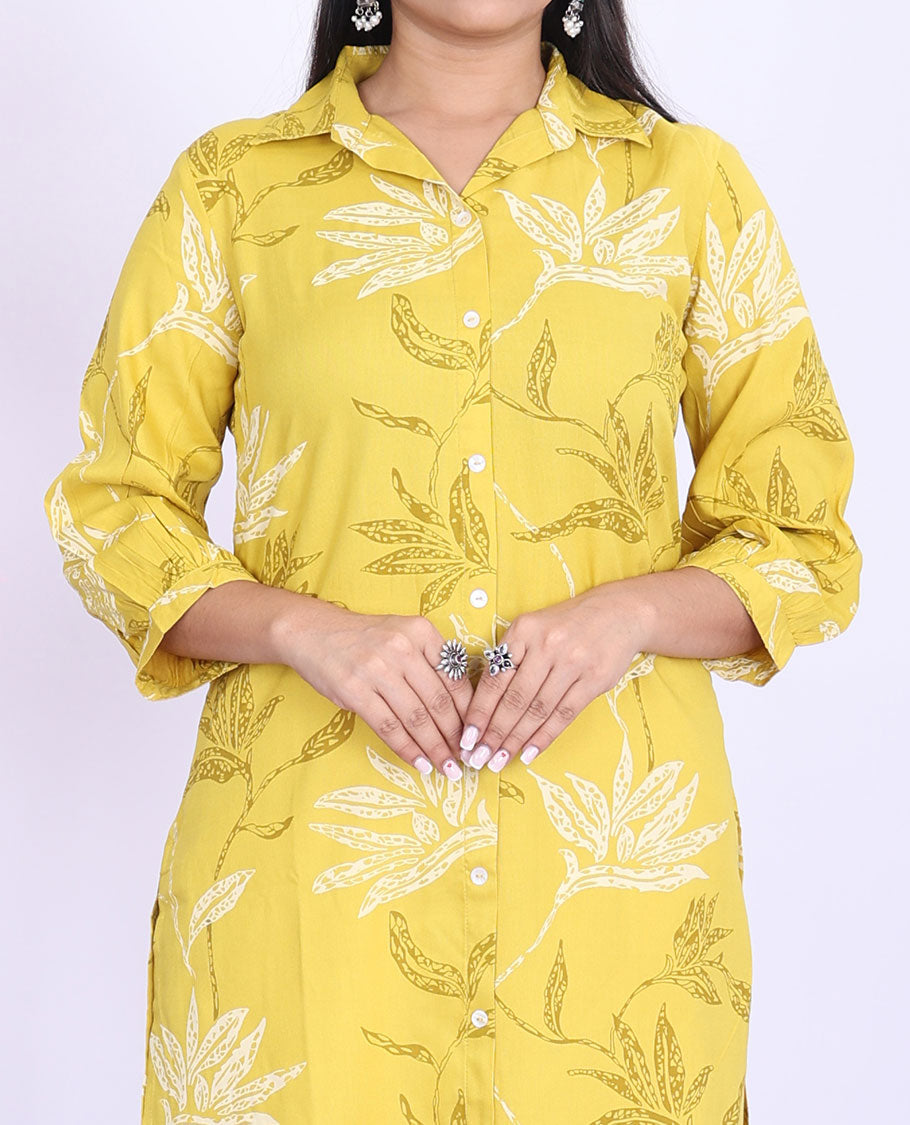 Twara yellow floral vine printed regular collar with 3/4th sleeve cotton straight-cut below-knee kurti