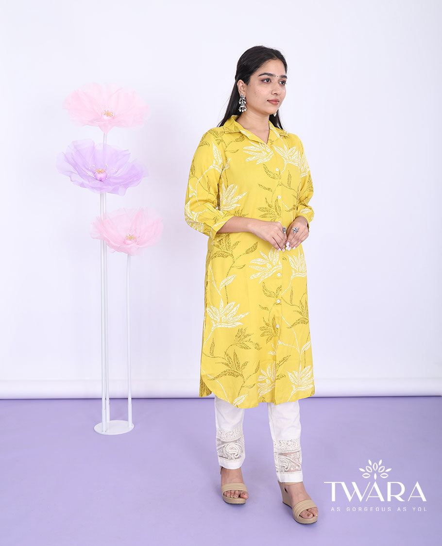 Twara yellow floral vine printed regular collar with 3/4th sleeve cotton straight-cut below-knee kurti