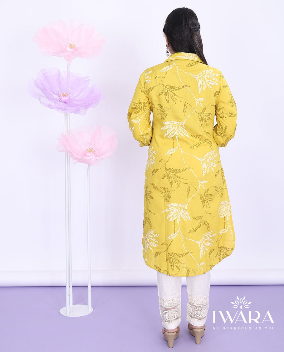 Twara yellow floral vine printed regular collar with 3/4th sleeve cotton straight-cut below-knee kurti