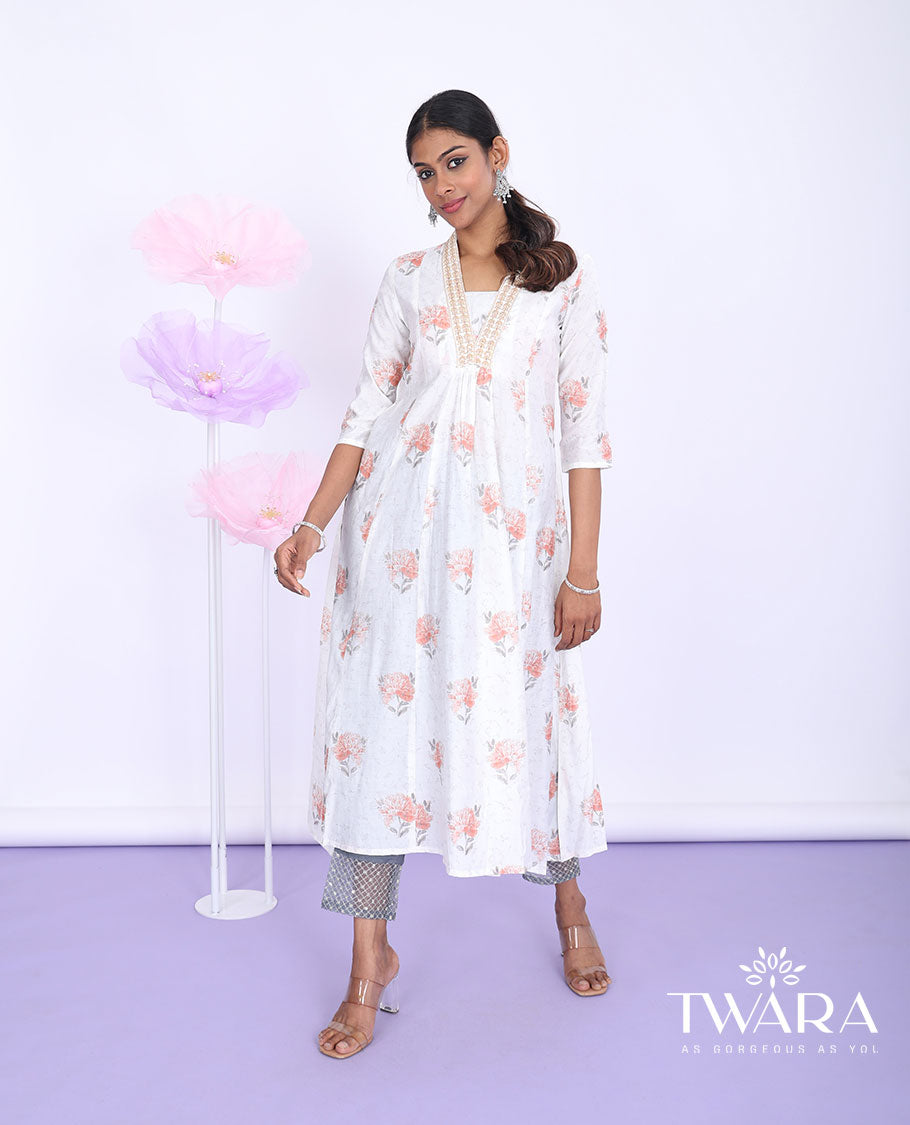 Twara cream floral printed v-neck with 3/4th sleeve chanderi a-line below-knee kurti