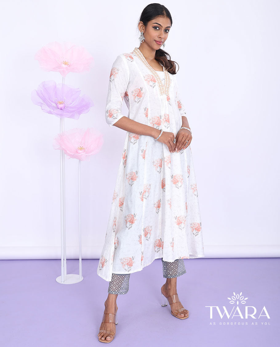 Twara cream floral printed v-neck with 3/4th sleeve chanderi a-line below-knee kurti