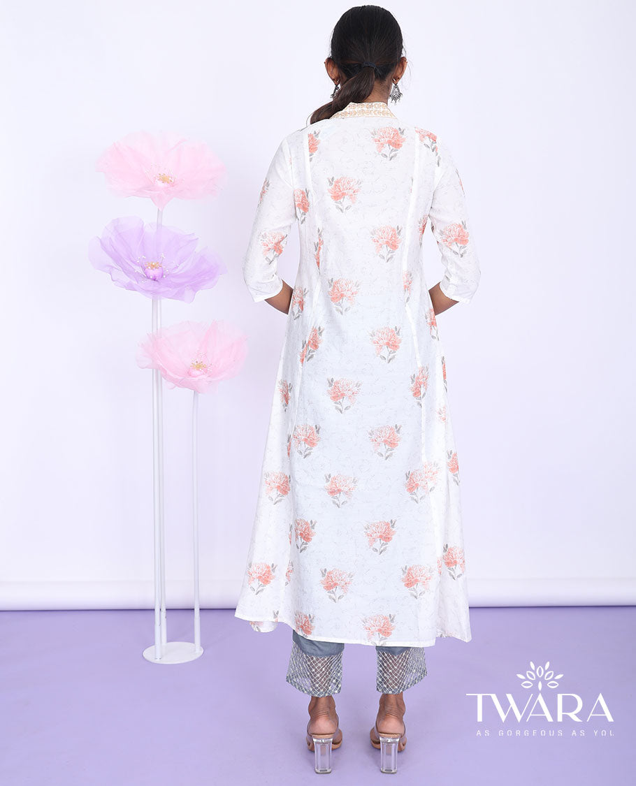 Twara cream floral printed v-neck with 3/4th sleeve chanderi a-line below-knee kurti