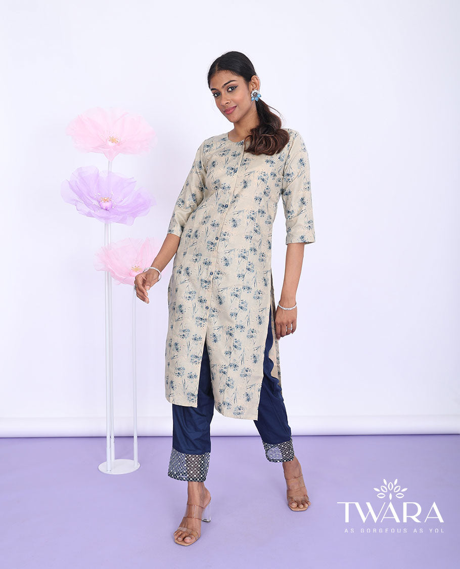 Twara beige floral printed round neck with 3/4th sleeve straight-cut below-knee kurti