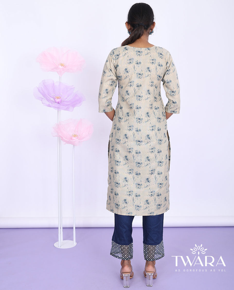 Twara beige floral printed round neck with 3/4th sleeve straight-cut below-knee kurti