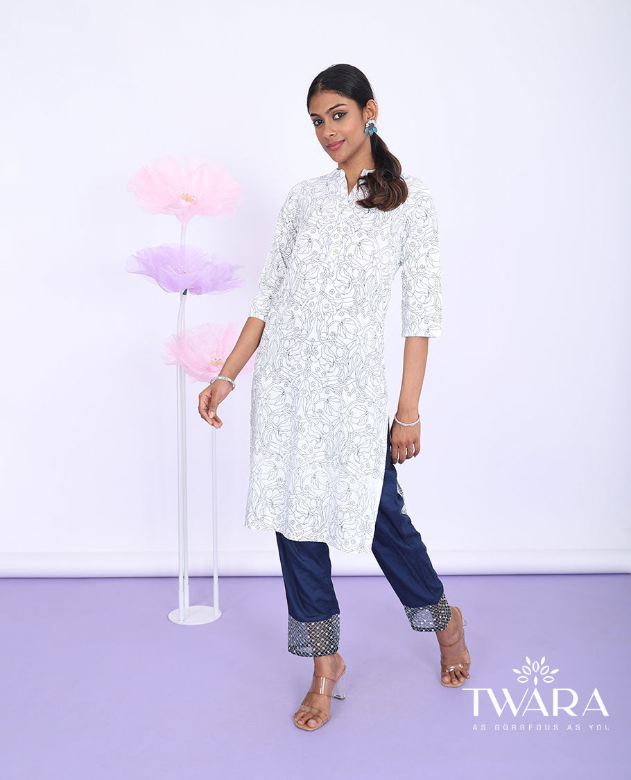 Twara cream floral vine printed Chinese collar with 3/4th sleeve cotton straight-cut below-knee kurti